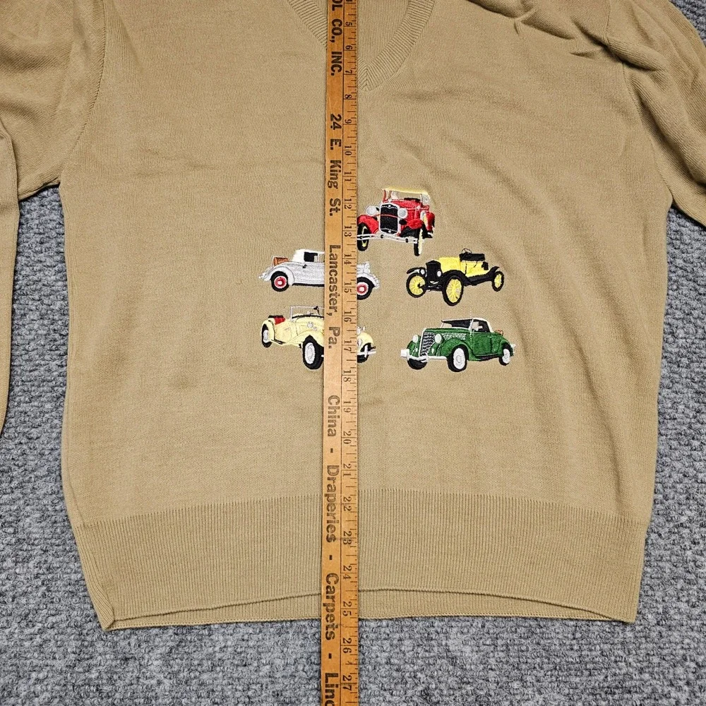 London Fog Mens V Neck Sweater Tan Embroidered‎ Vintage Cars Automobile Size M